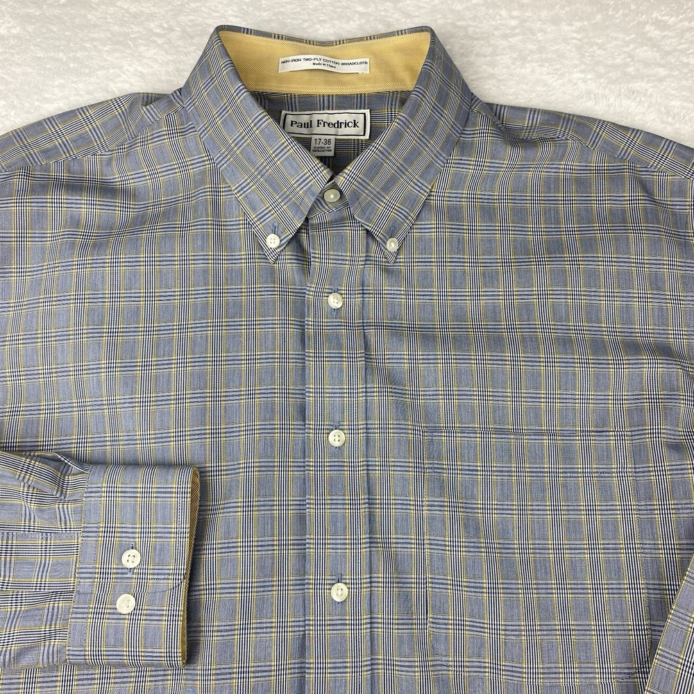 Paul Fredrick Dress Shirt Mens 17-36 Blue/Gold Plaid Herringbone Trim NWT!